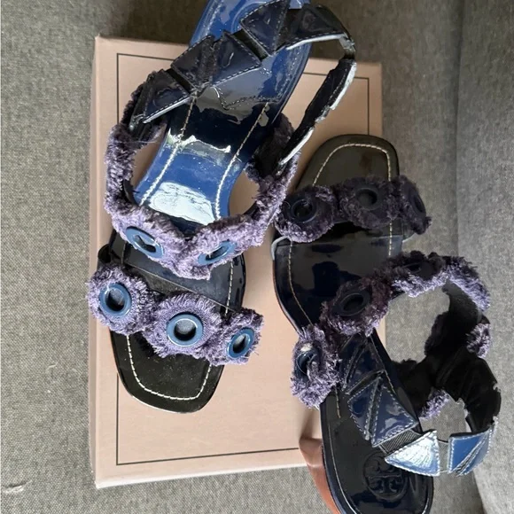 Tory Burch Freya Navy Blue Slides Shoes - Picture 2 of 11